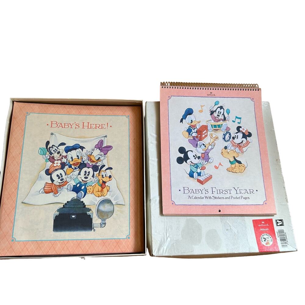 NOS VINTAGE Hallmark Disney Baby's Here Photo Album & Calendar USA Mickey Mouse